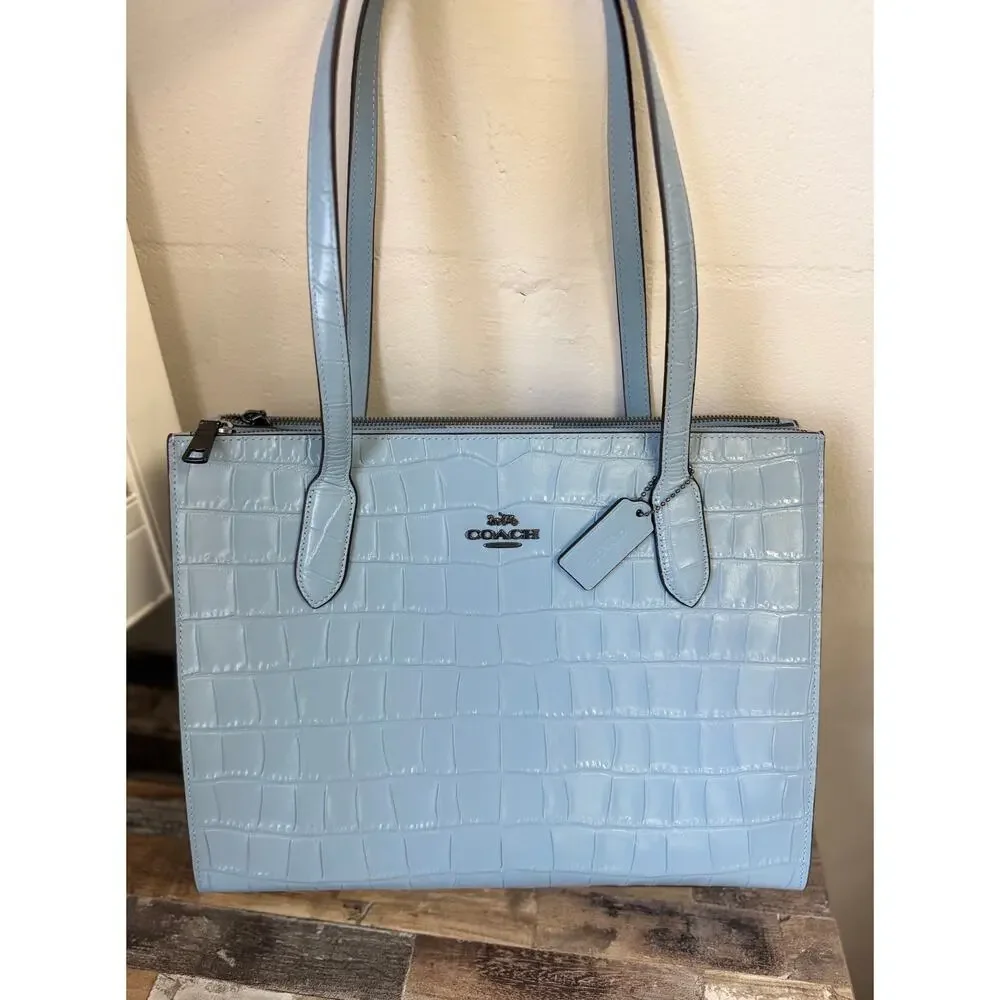Coach Nina CL654 Blue Croc Embossed Leather Tote Wallet Set